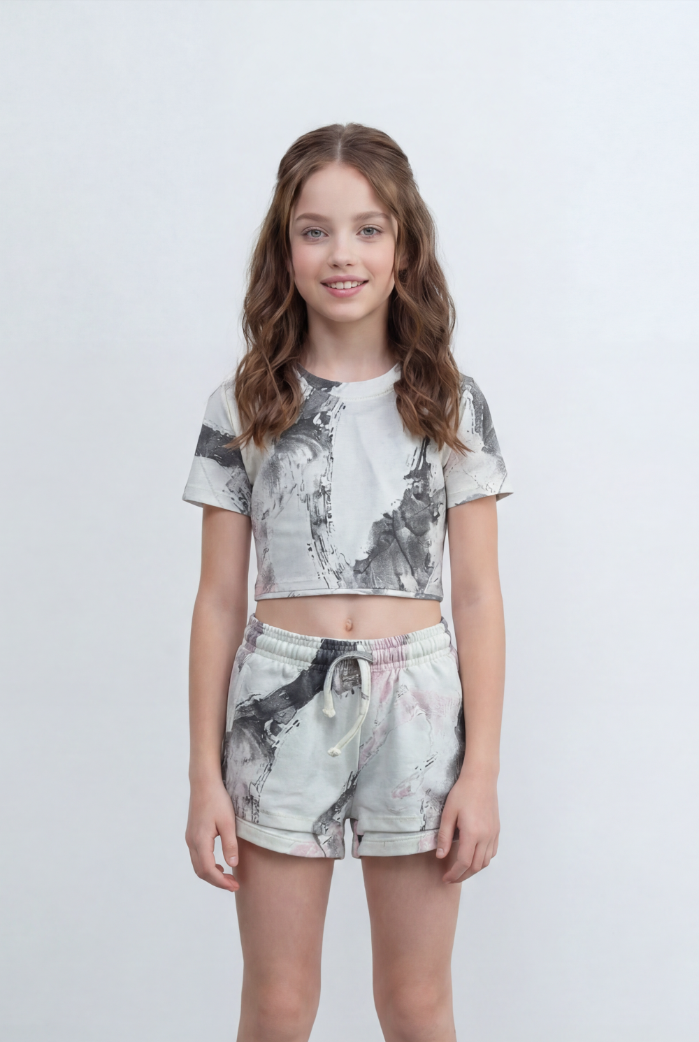 Girl's Tomato Store Summer Printed Co-Ord Set Abstract Brush Artwork Cropped Slim Fit Outfit