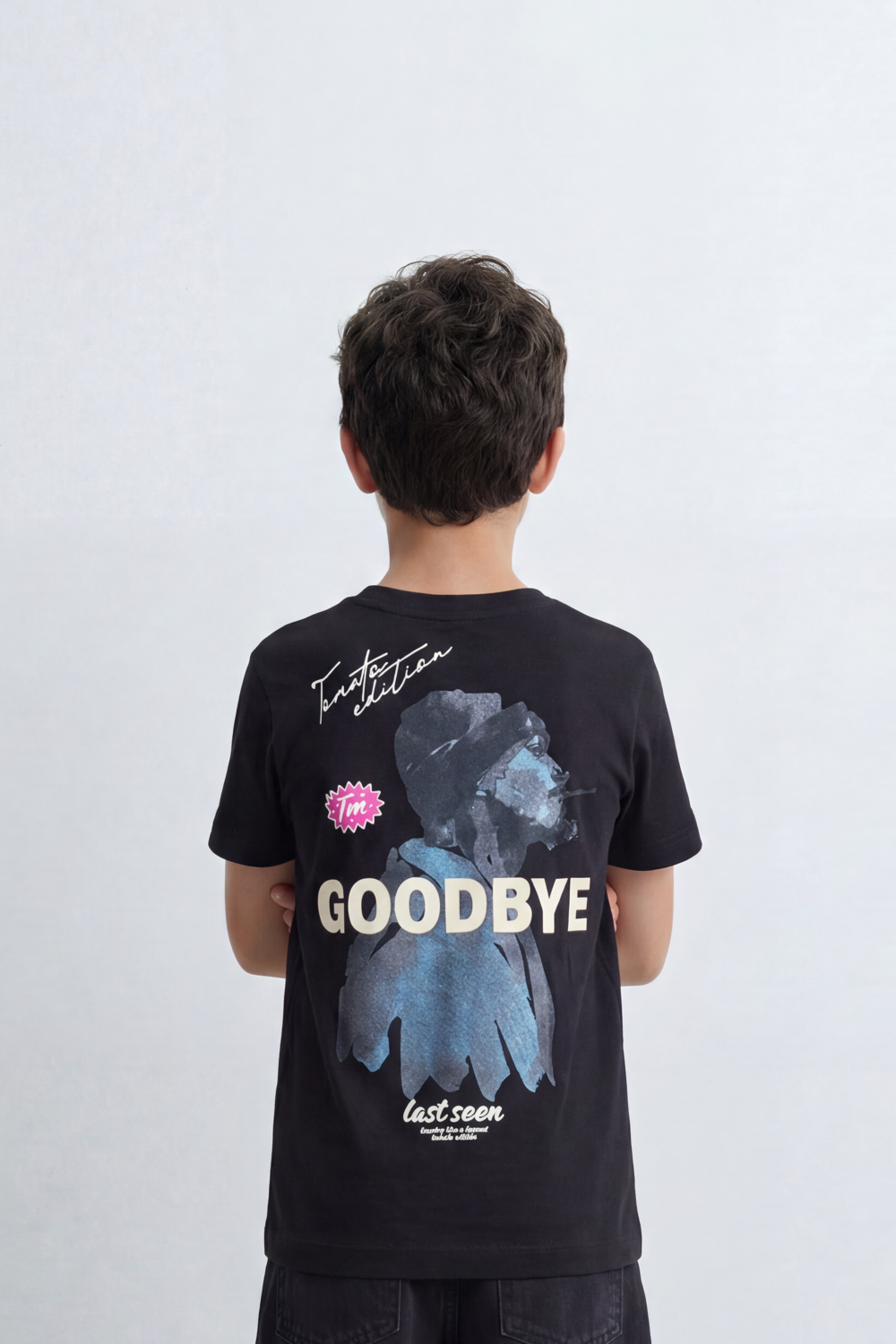 Boy's Tomato Store Goodbye Shadow Slim Fit T-Shirt Front Typography Back Abstract Figure Graphic Signature Detail