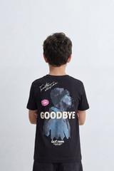 Boy's Tomato Store Goodbye Shadow Slim Fit T-Shirt Front Typography Back Abstract Figure Graphic Signature Detail