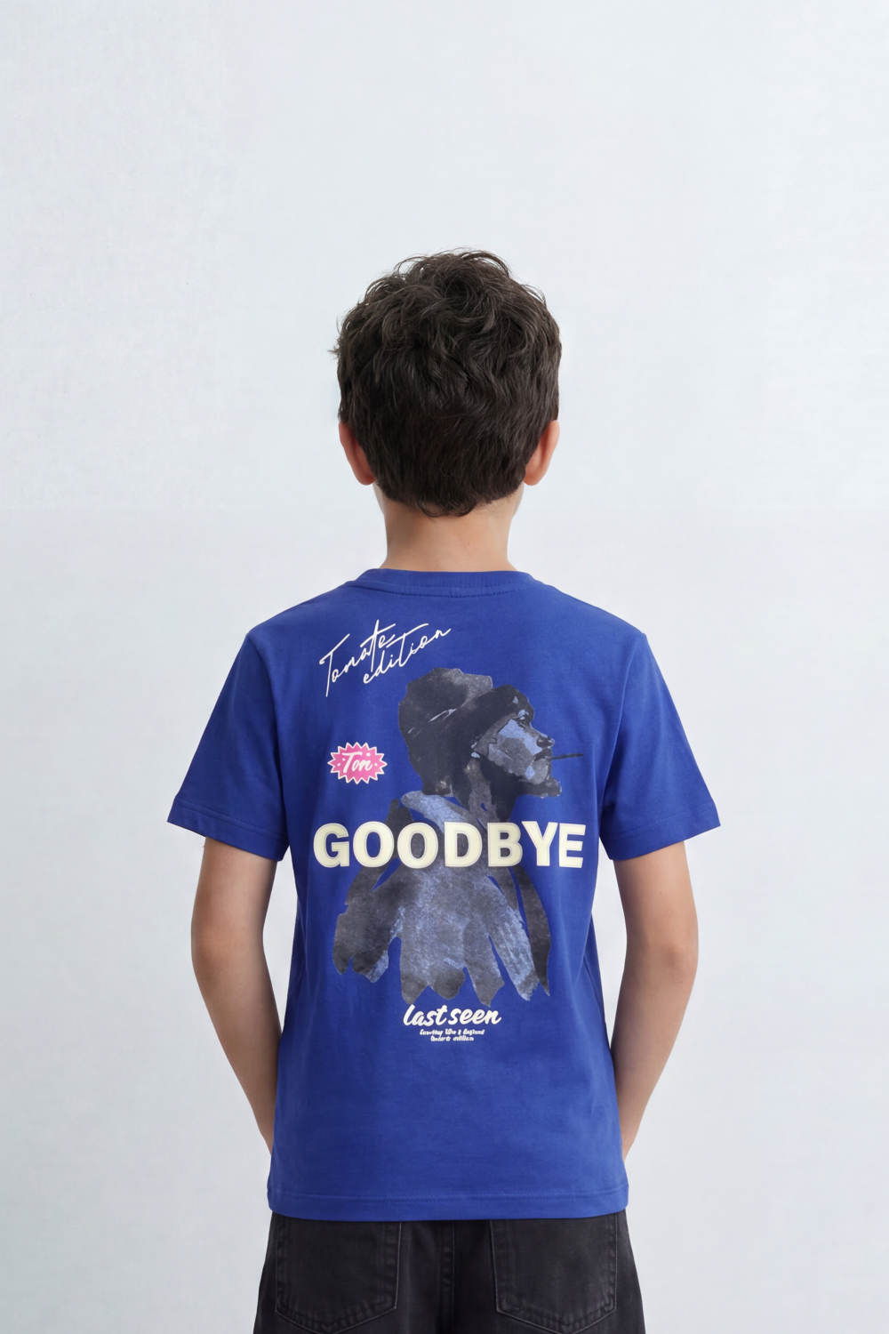 Boy's Tomato Store Goodbye Shadow Slim Fit T-Shirt Front Typography Back Abstract Figure Graphic Signature Detail