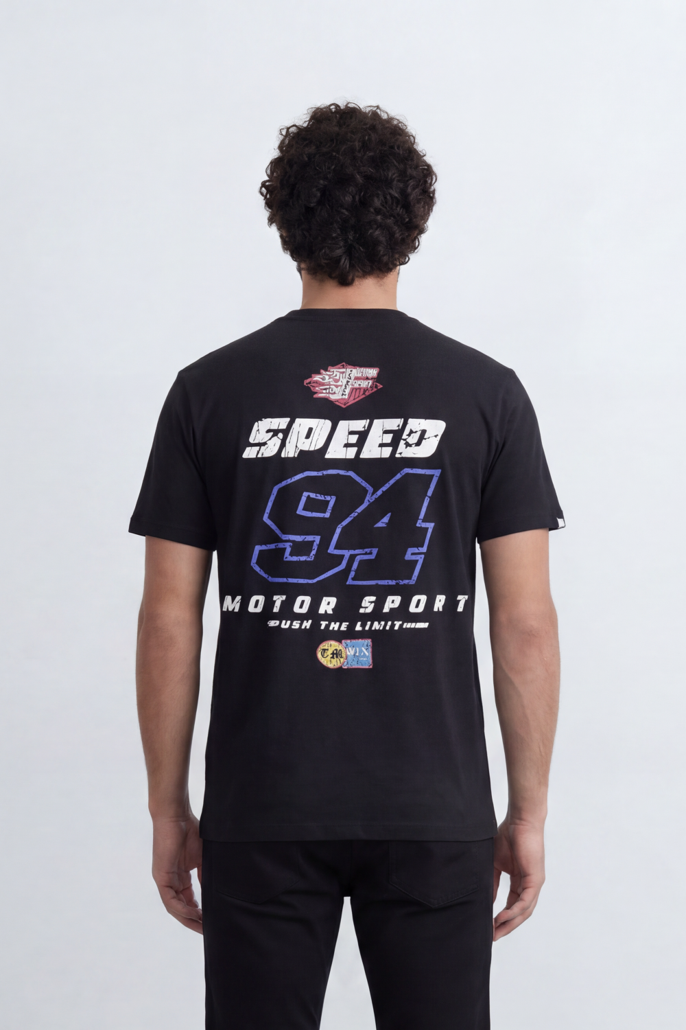 Men’s Tomato Store Track Speed T-Shirt Front Motorsport Logo Layout Back Speed 94 Racing Graphic Distressed Number Print Shoulder Stripe Detail Regular