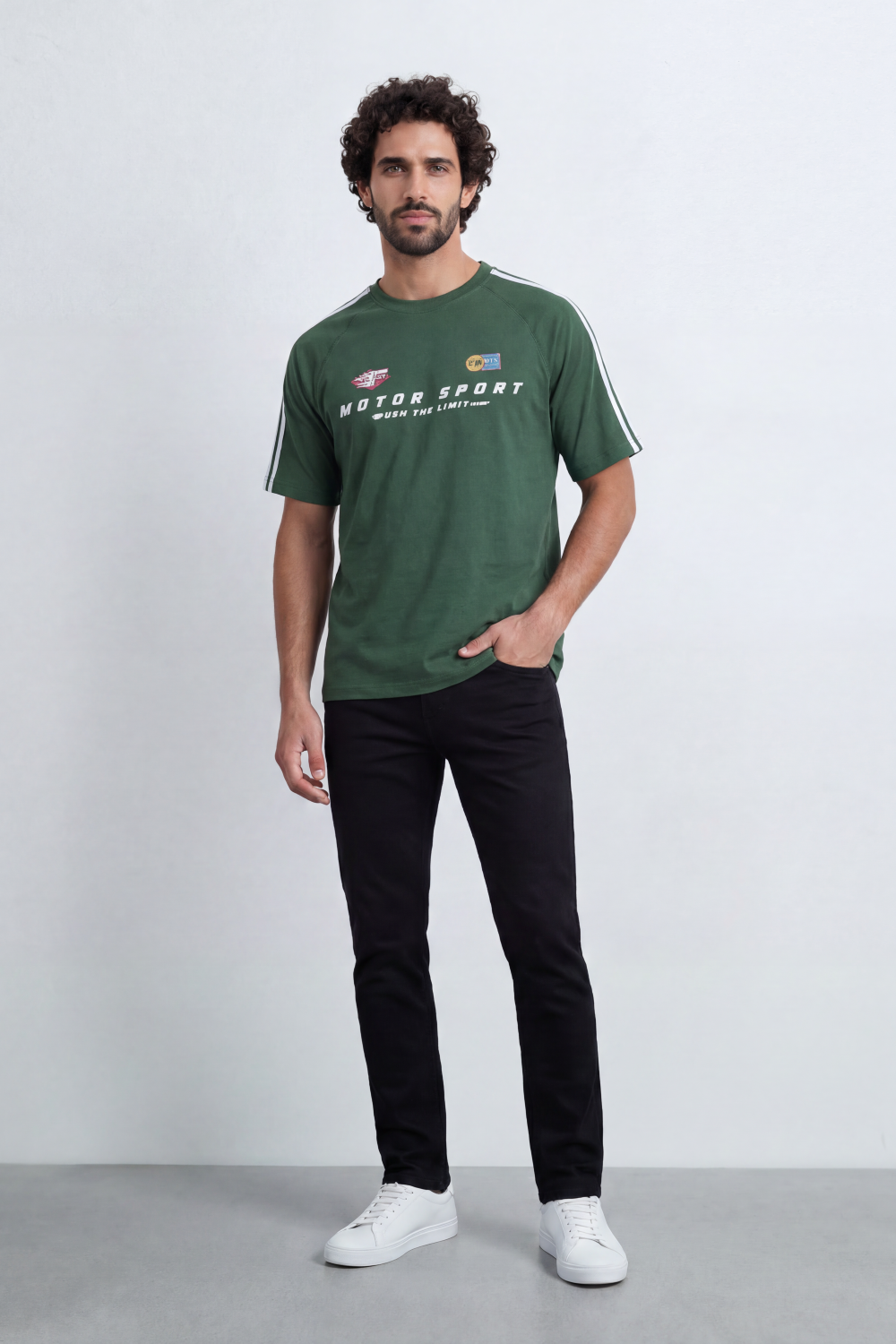 Men’s Tomato Store Track Speed T-Shirt Front Motorsport Logo Layout Back Speed 94 Racing Graphic Distressed Number Print Shoulder Stripe Detail Regular