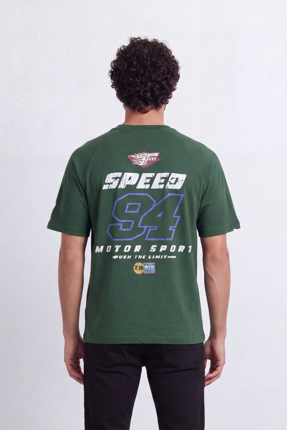 Men’s Tomato Store Track Speed T-Shirt Front Motorsport Logo Layout Back Speed 94 Racing Graphic Distressed Number Print Shoulder Stripe Detail Regular