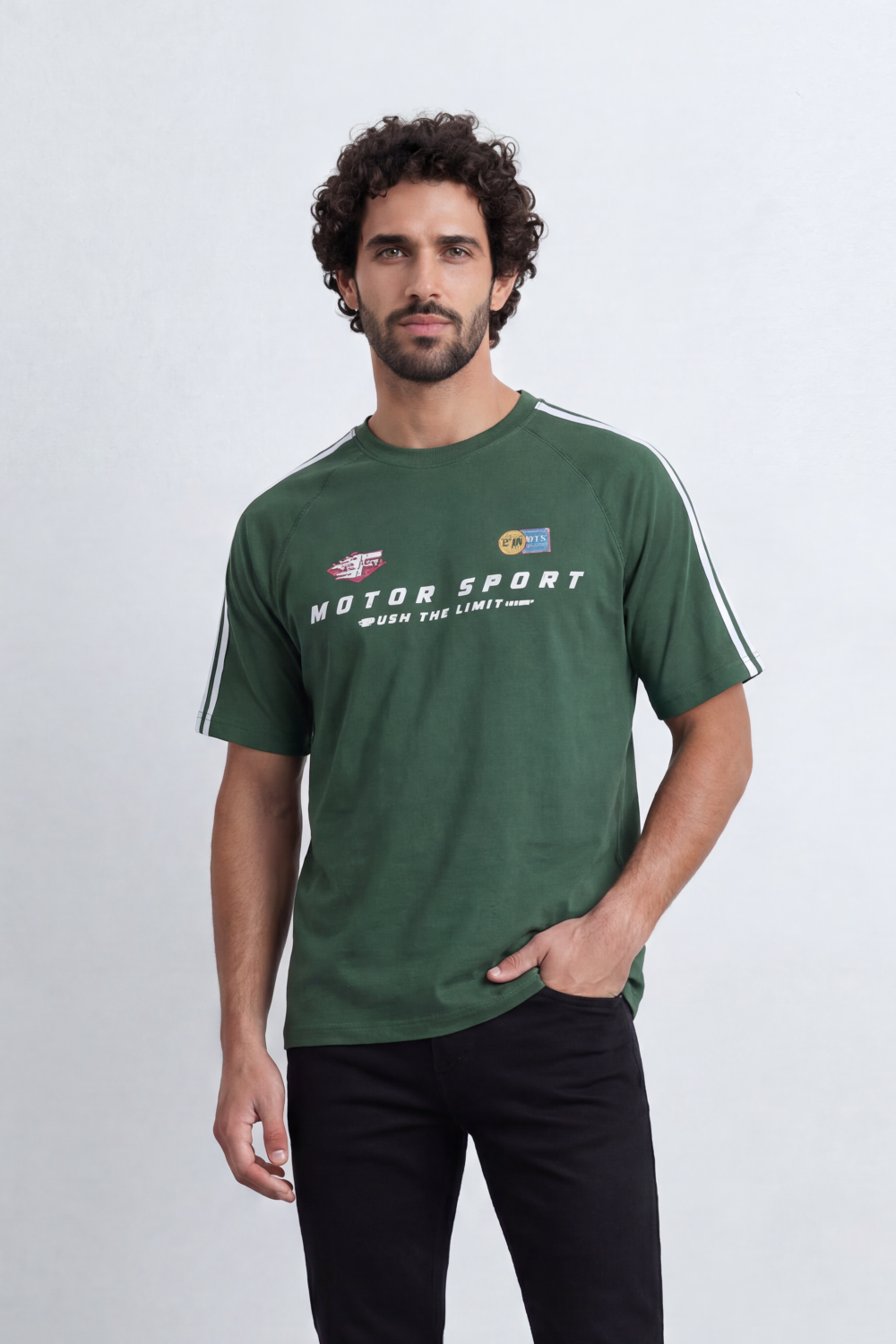 Men’s Tomato Store Track Speed T-Shirt Front Motorsport Logo Layout Back Speed 94 Racing Graphic Distressed Number Print Shoulder Stripe Detail Regular