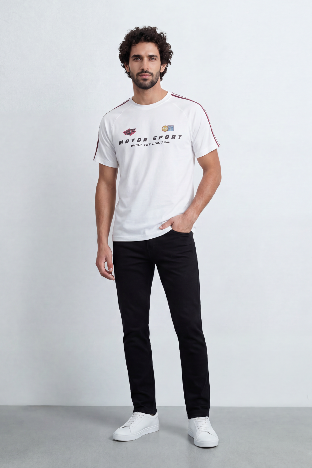 Men’s Tomato Store Track Speed T-Shirt Front Motorsport Logo Layout Back Speed 94 Racing Graphic Distressed Number Print Shoulder Stripe Detail Regular