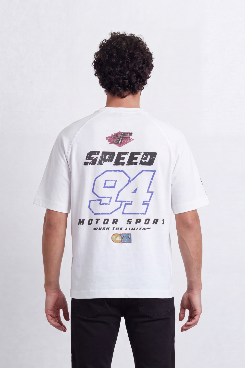 Men’s Tomato Store Track Speed T-Shirt Front Motorsport Logo Layout Back Speed 94 Racing Graphic Distressed Number Print Shoulder Stripe Detail Regular
