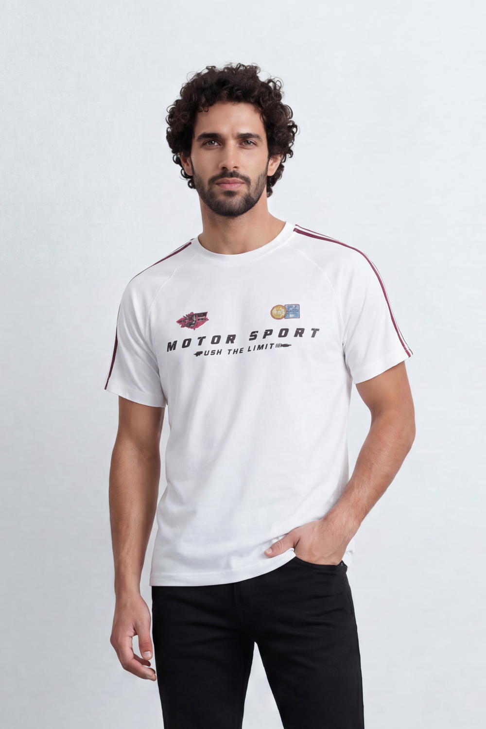 Men’s Tomato Store Track Speed T-Shirt Front Motorsport Logo Layout Back Speed 94 Racing Graphic Distressed Number Print Shoulder Stripe Detail Regular
