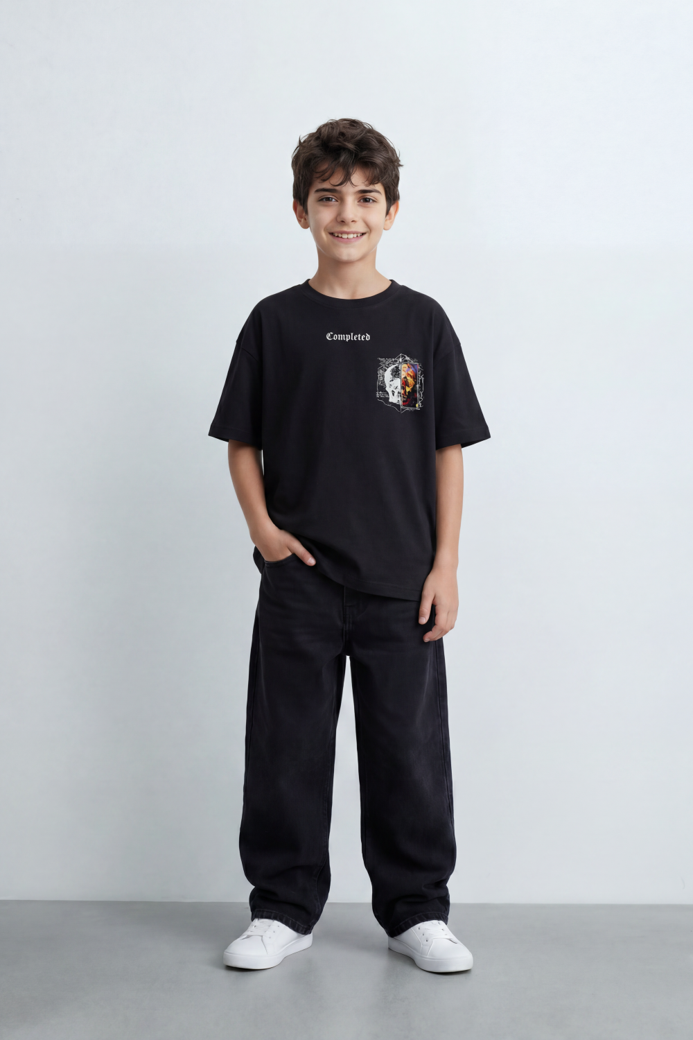 Boy's Tomato Store Archive Code Oversized T-Shirt Made Featuring Small Gothic Chest Text Distressed Mixed Media Patch