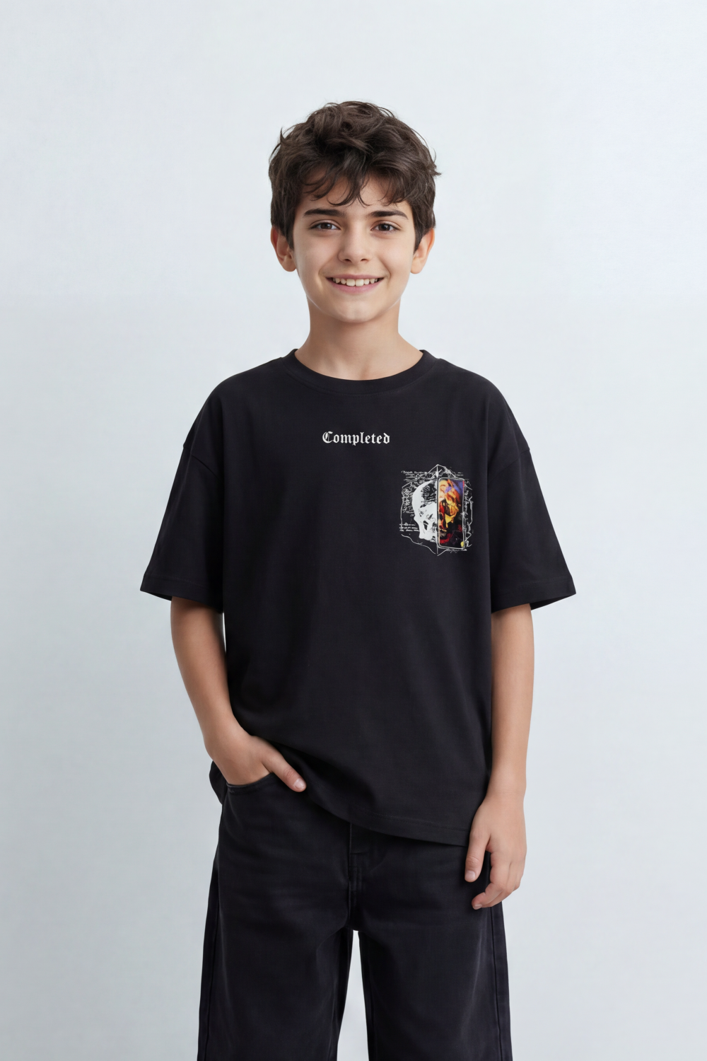 Boy's Tomato Store Archive Code Oversized T-Shirt Made Featuring Small Gothic Chest Text Distressed Mixed Media Patch