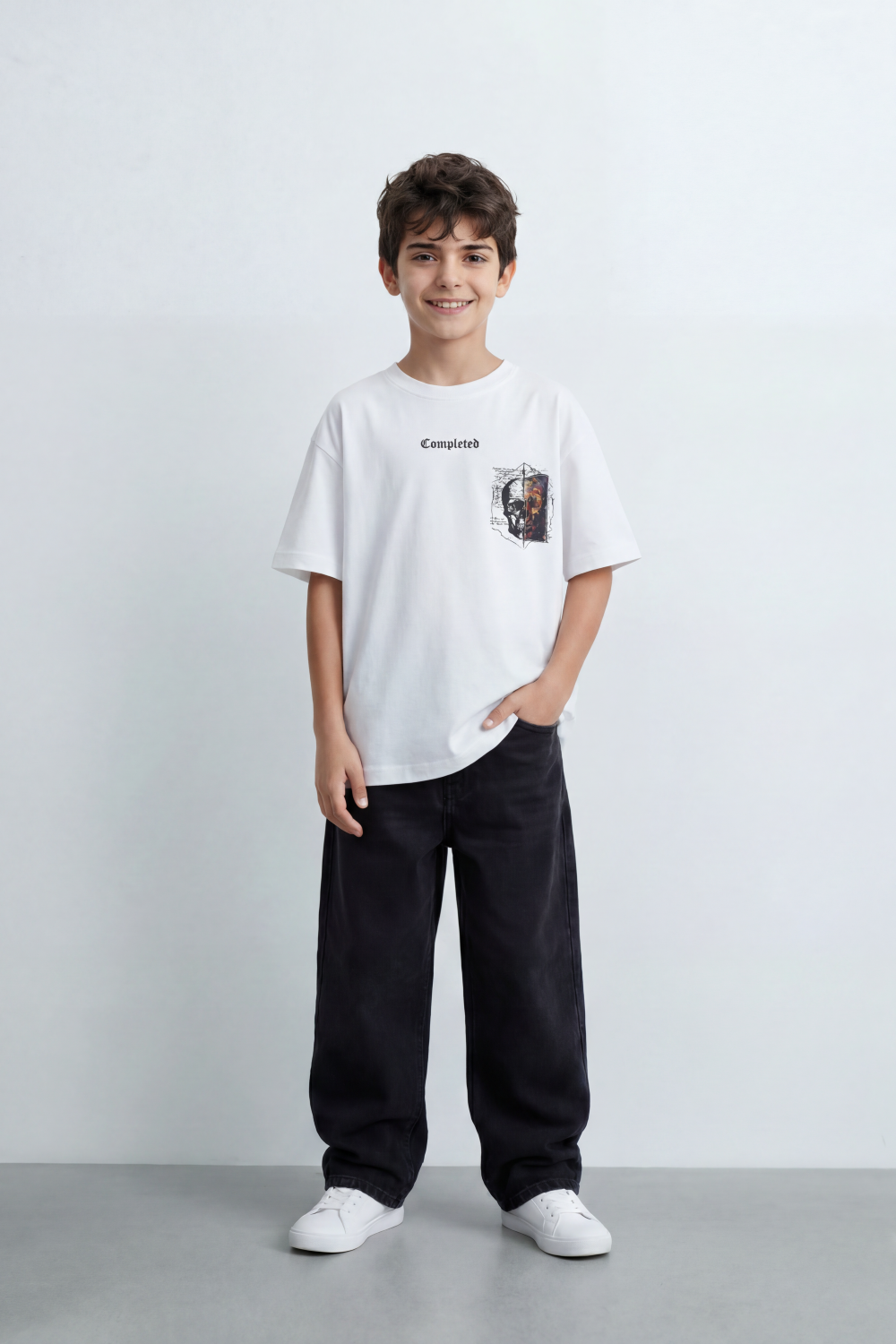 Boy's Tomato Store Archive Code Oversized T-Shirt Made Featuring Small Gothic Chest Text Distressed Mixed Media Patch
