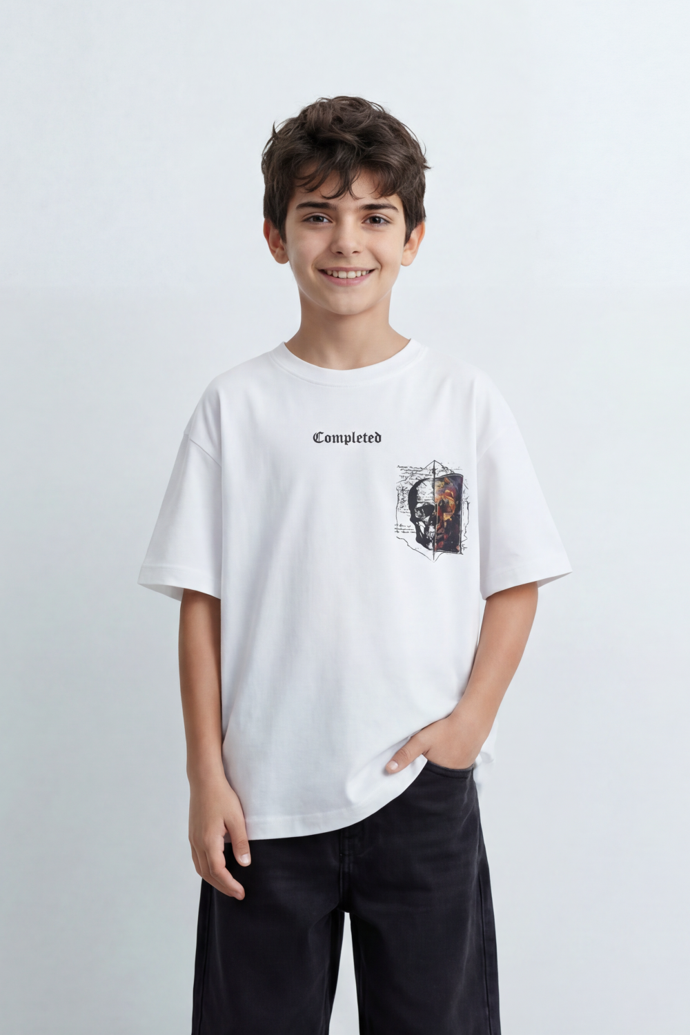 Boy's Tomato Store Archive Code Oversized T-Shirt Made Featuring Small Gothic Chest Text Distressed Mixed Media Patch