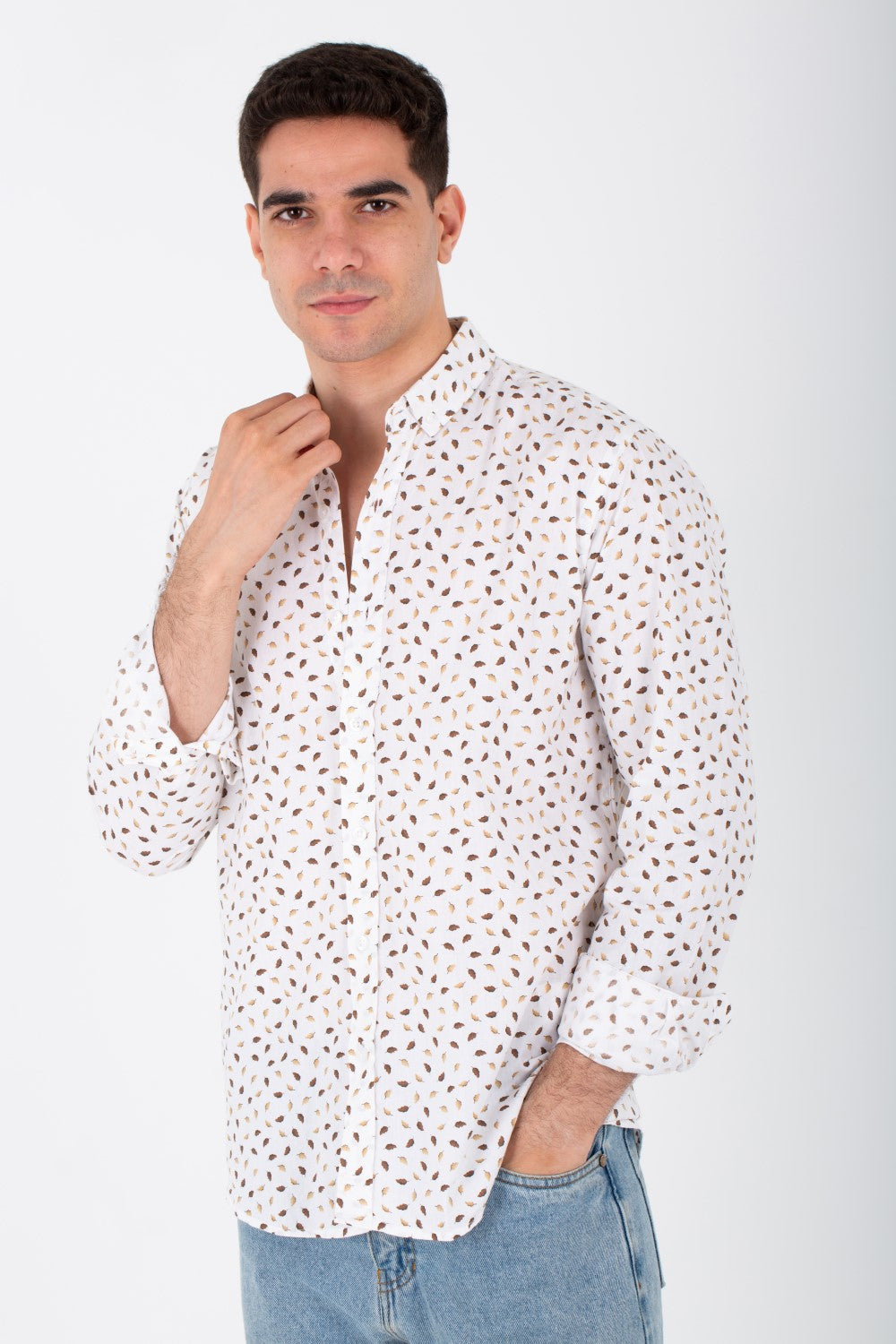 Mens Long Sleeves Slim Fit All Over Print Poplin Shirt