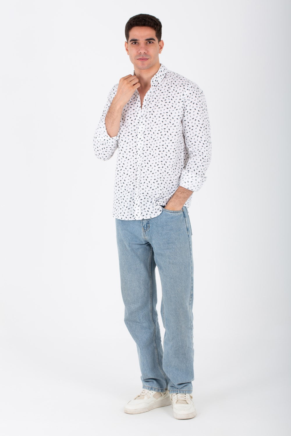 Mens Long Sleeves Slim Fit All Over Print Poplin Shirt