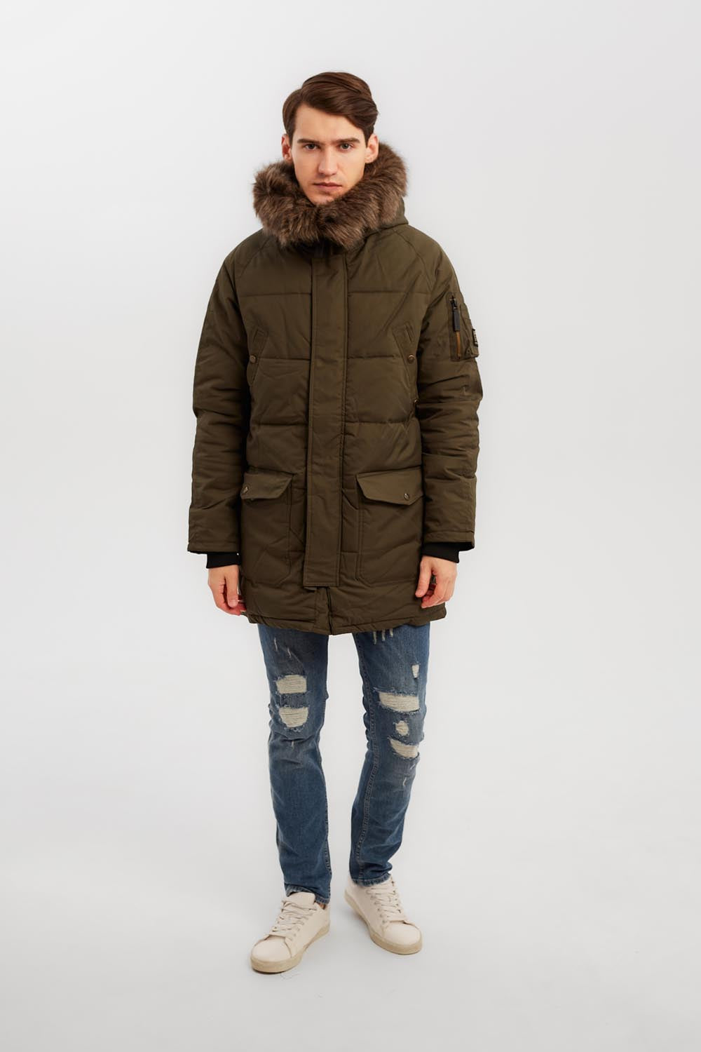 Men's Casual Puffer Long Style Front Pockets Full Zipper Fur Hooded Waterproof Jacket