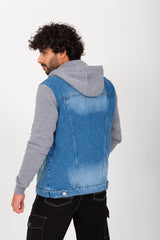 Men's Denim Melton Hooded Cutting Details Casual Slim Fit Jackets With Melton Sleeves