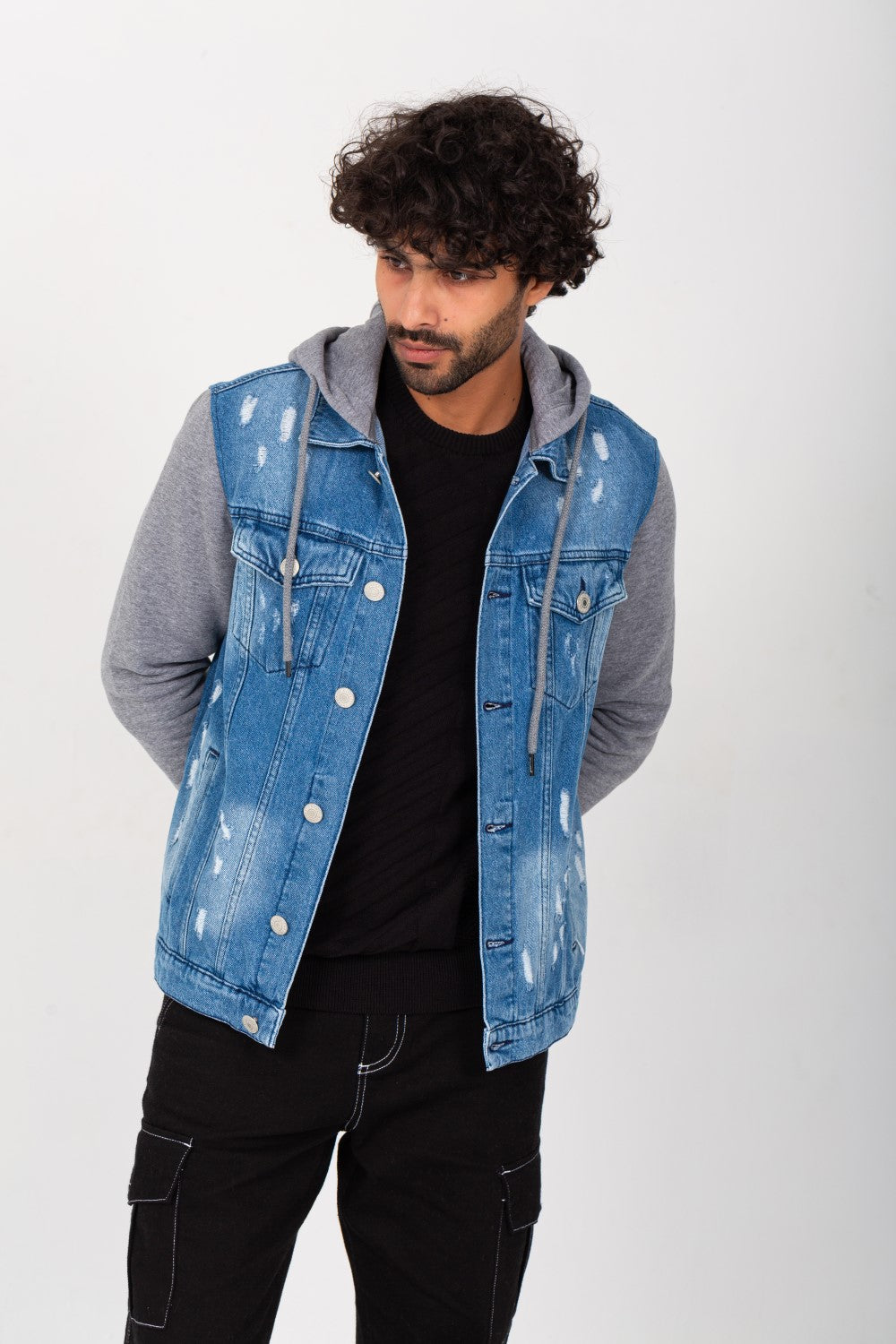 Men's Denim Melton Hooded Cutting Details Casual Slim Fit Jackets With Melton Sleeves
