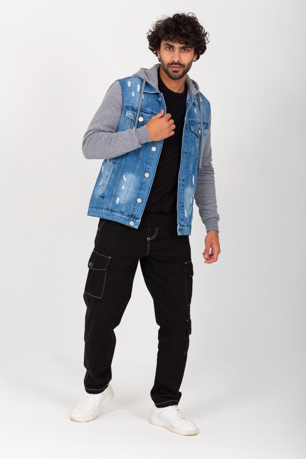 Men's Denim Melton Hooded Cutting Details Casual Slim Fit Jackets With Melton Sleeves
