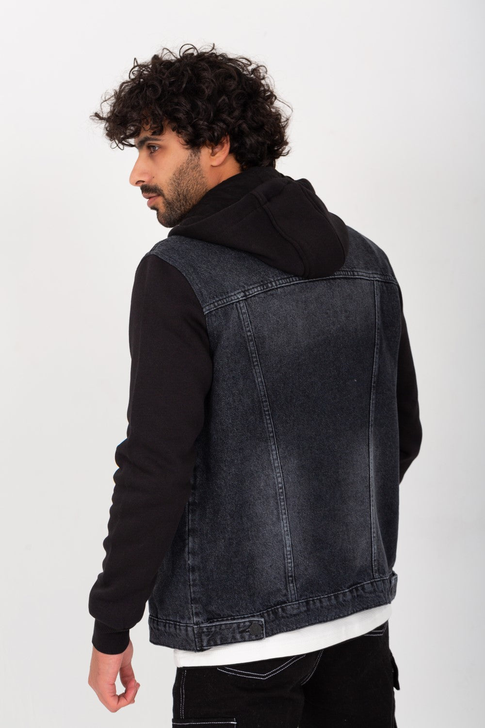 Men's Denim Melton Hooded Cutting Details Casual Slim Fit Jackets With Melton Sleeves