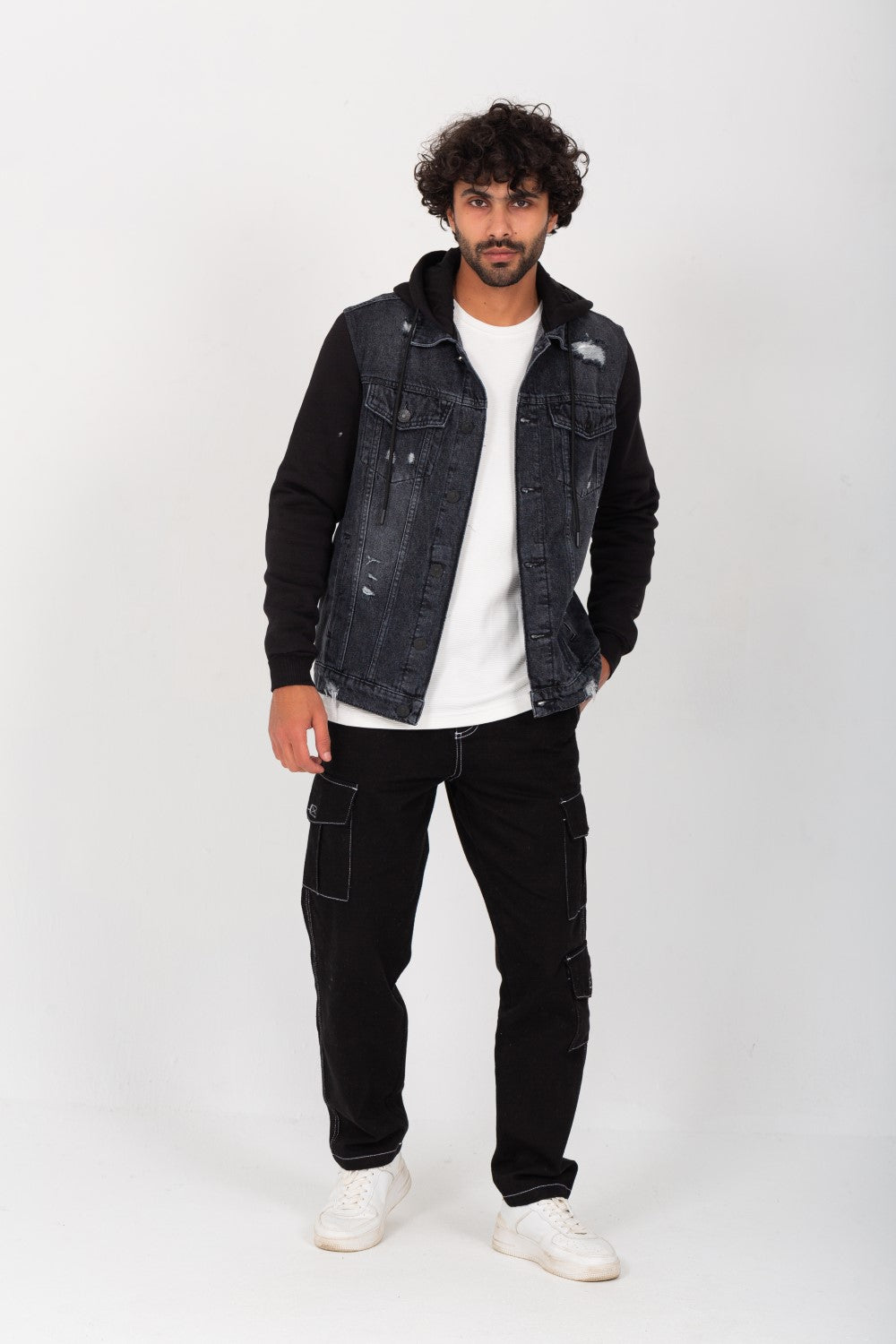 Men's Denim Melton Hooded Cutting Details Casual Slim Fit Jackets With Melton Sleeves
