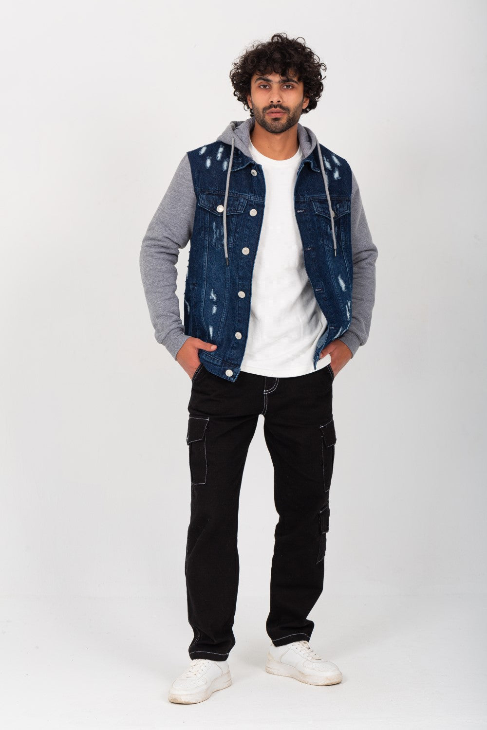 Men's Denim Melton Hooded Cutting Details Casual Slim Fit Jackets With Melton Sleeves