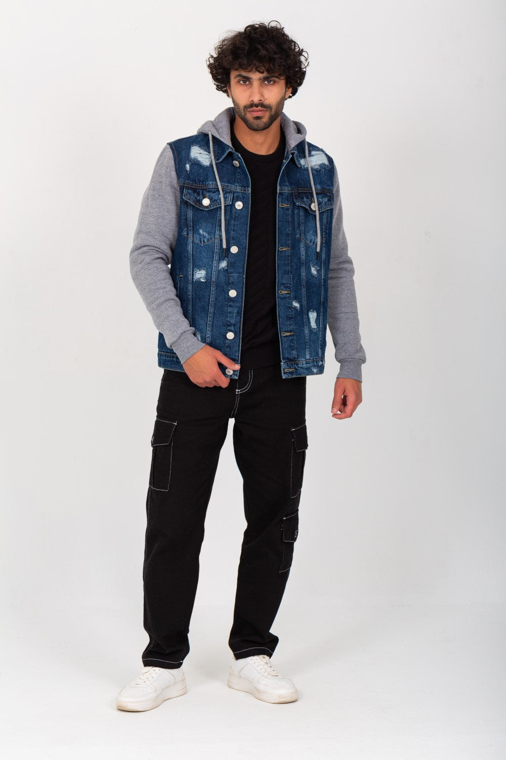 Men's Denim Melton Hooded Cutting Details Casual Slim Fit Jackets With Melton Sleeves