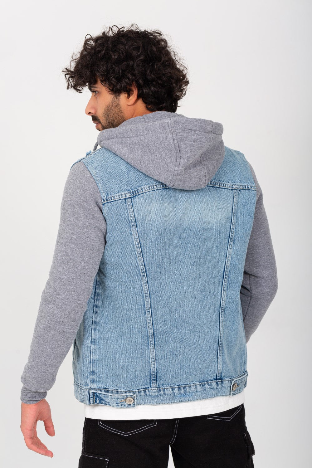 Men's Denim Melton Hooded Cutting Details Casual Slim Fit Jackets With Melton Sleeves