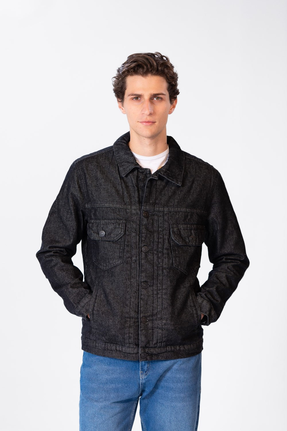 Men's Fur Padded Denim Jacket With Pockets And Buttons On The Front