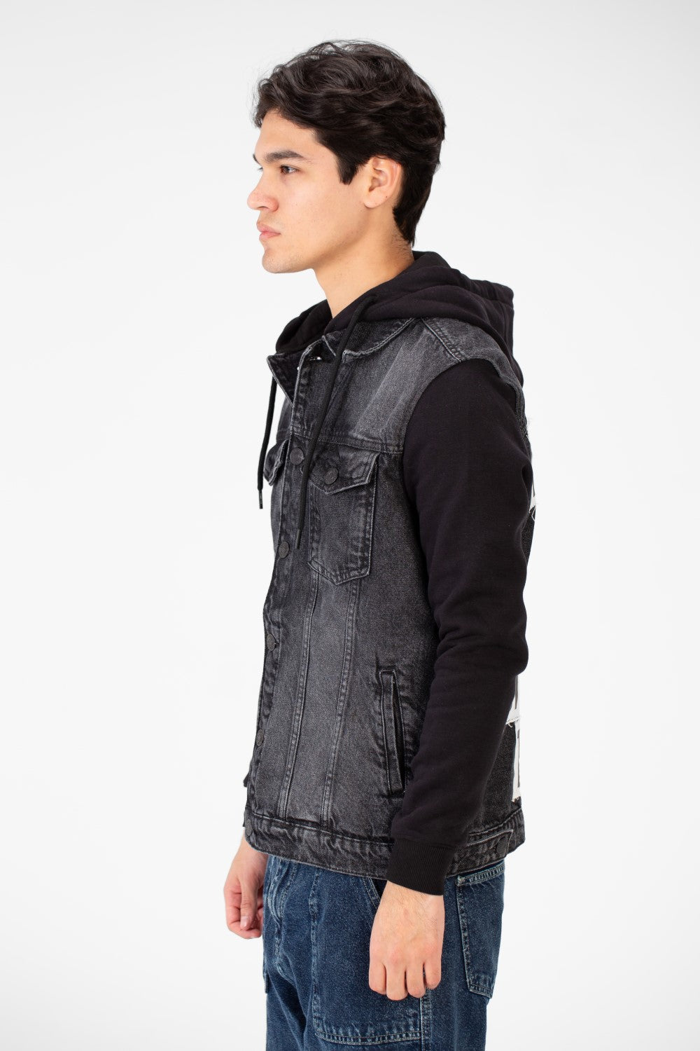 Men's Back Text Print Denim Jacket With Melton Sleeves And Hood