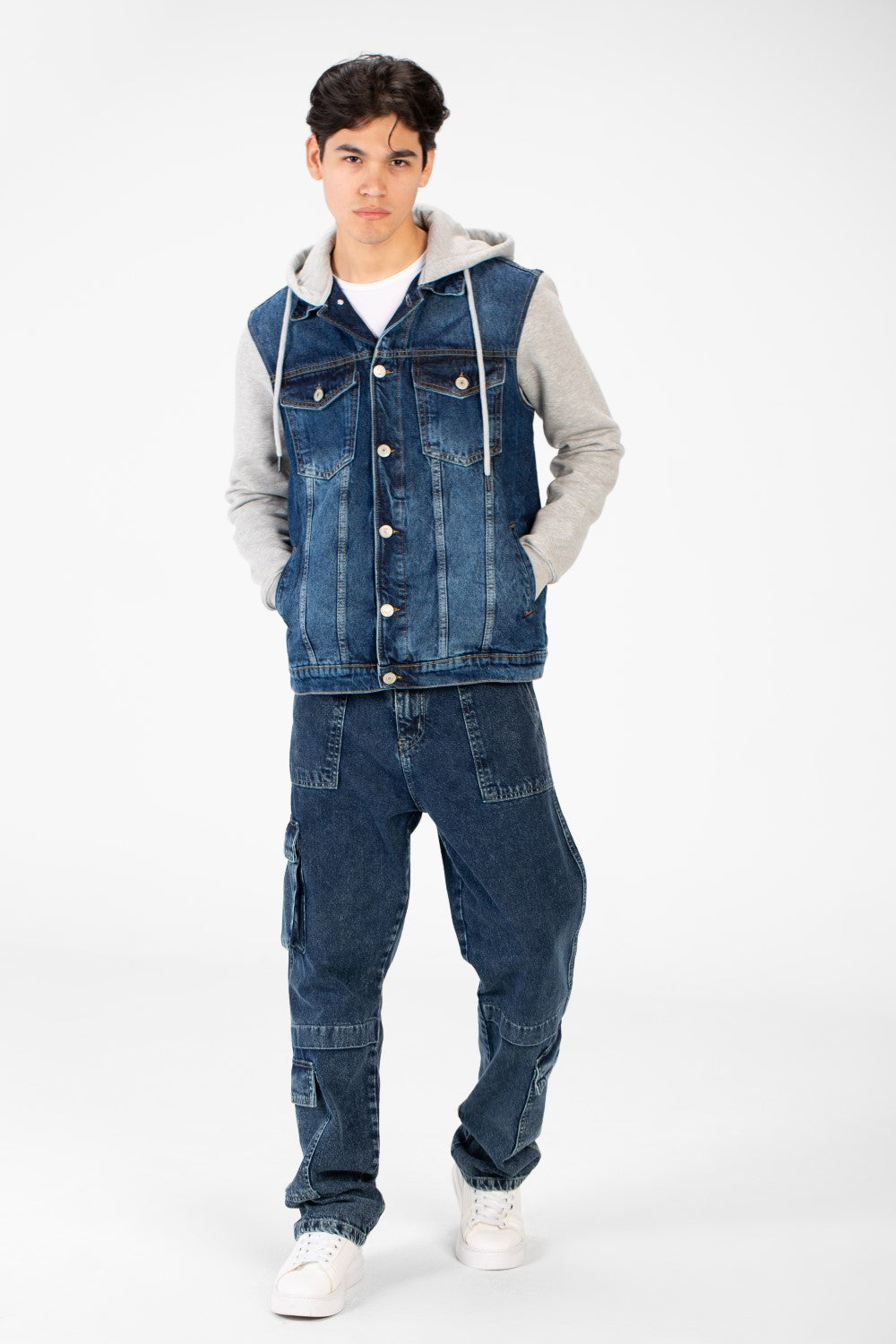 Men's Back Text Print Denim Jacket With Melton Sleeves And Hood