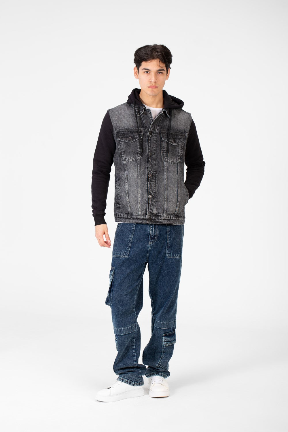Men's Back Text Print Denim Jacket With Melton Sleeves And Hood