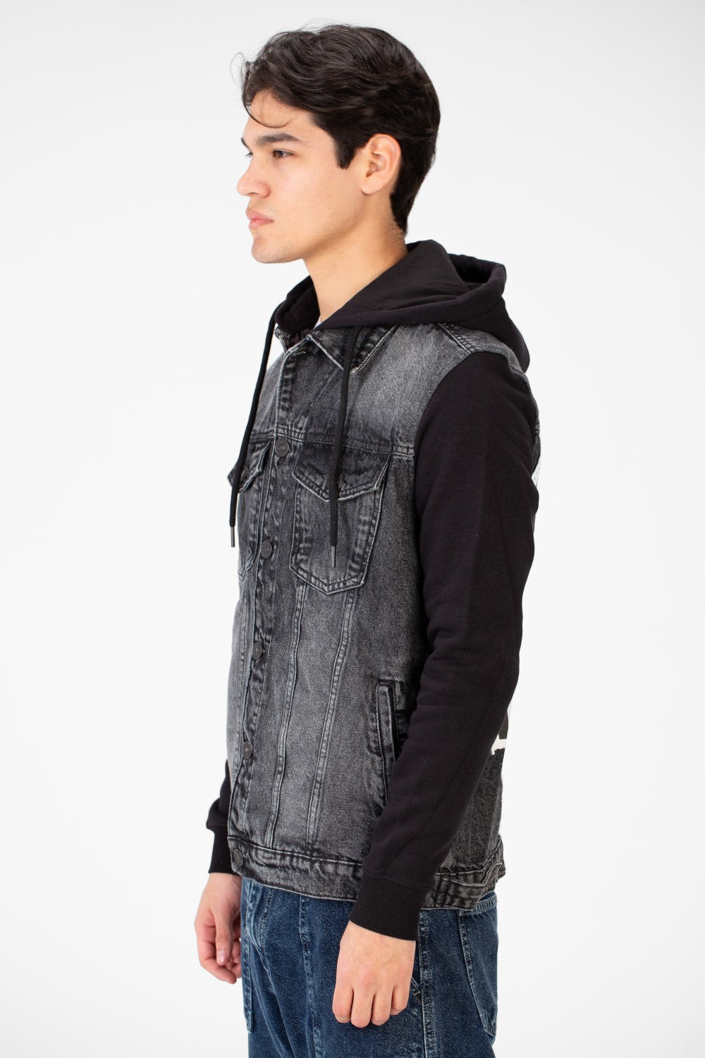 Men's Back Text Print Denim Jacket With Melton Sleeves And Hood