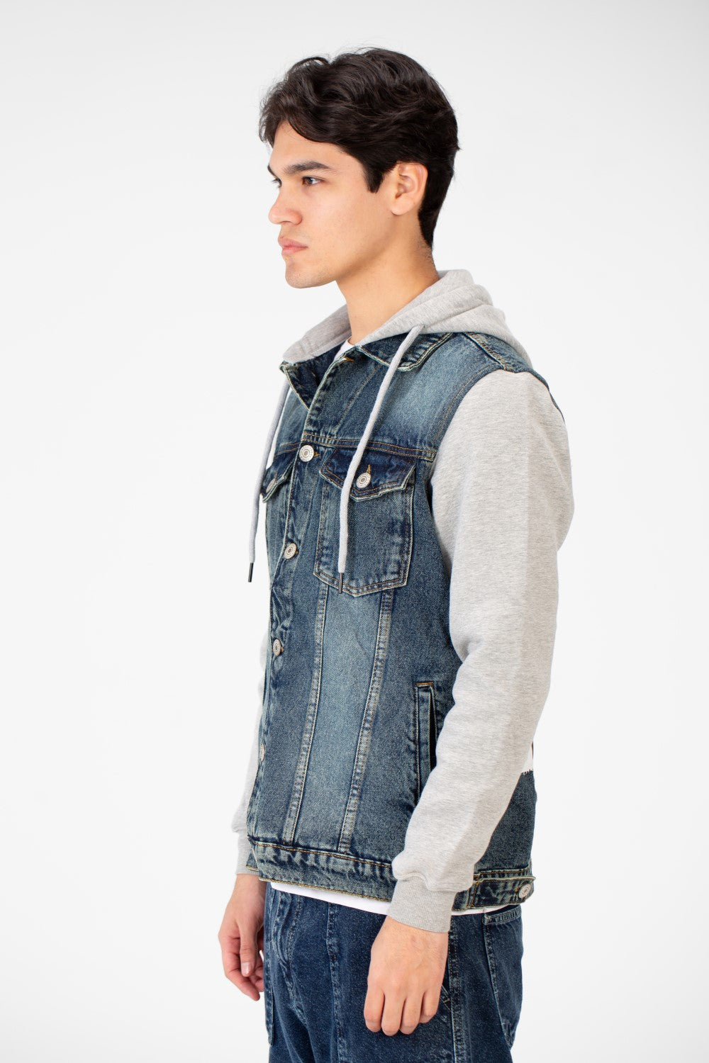 Men's Back Text Print Denim Jacket With Melton Sleeves And Hood