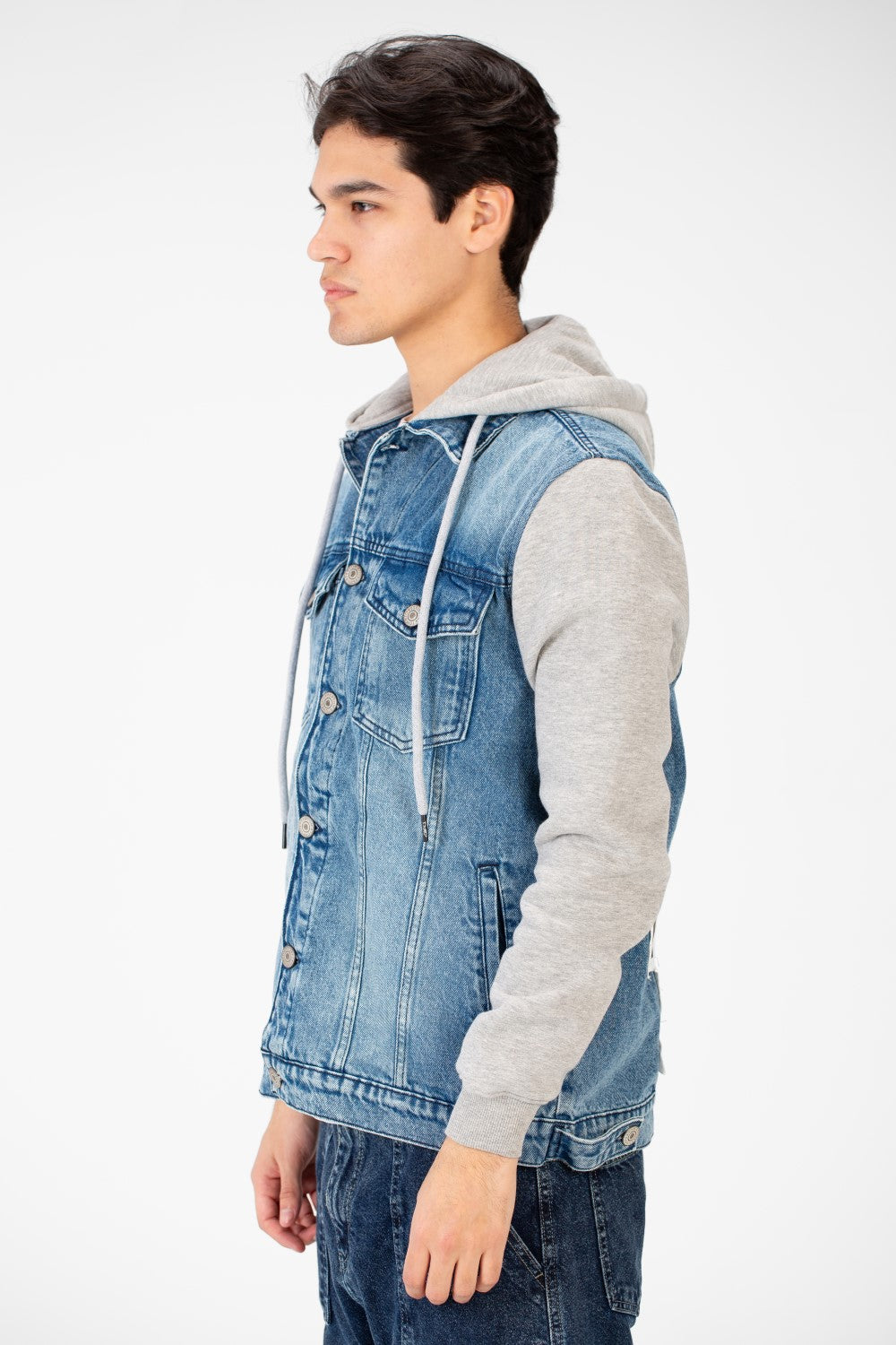 Men's Back Text Print Denim Jacket With Melton Sleeves And Hood
