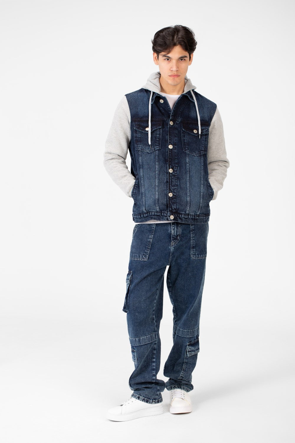 Men's Back Text Print Denim Jacket With Melton Sleeves And Hood