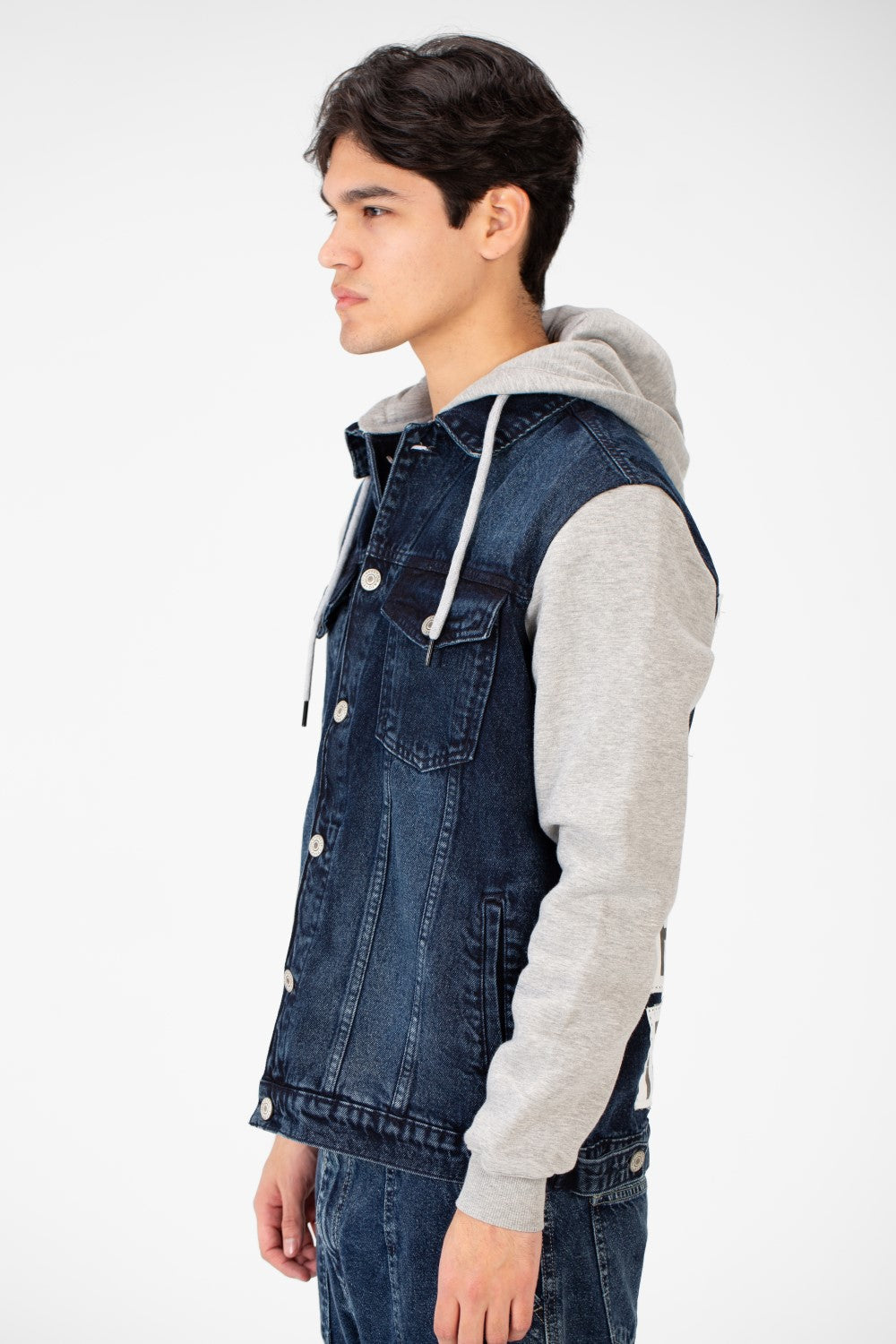 Men's Back Text Print Denim Jacket With Melton Sleeves And Hood