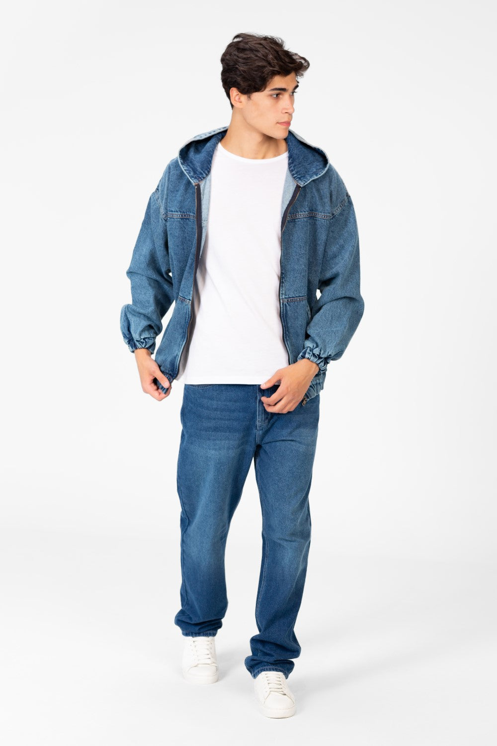 Men's Hood Denim Jacket With Full Front Zipper