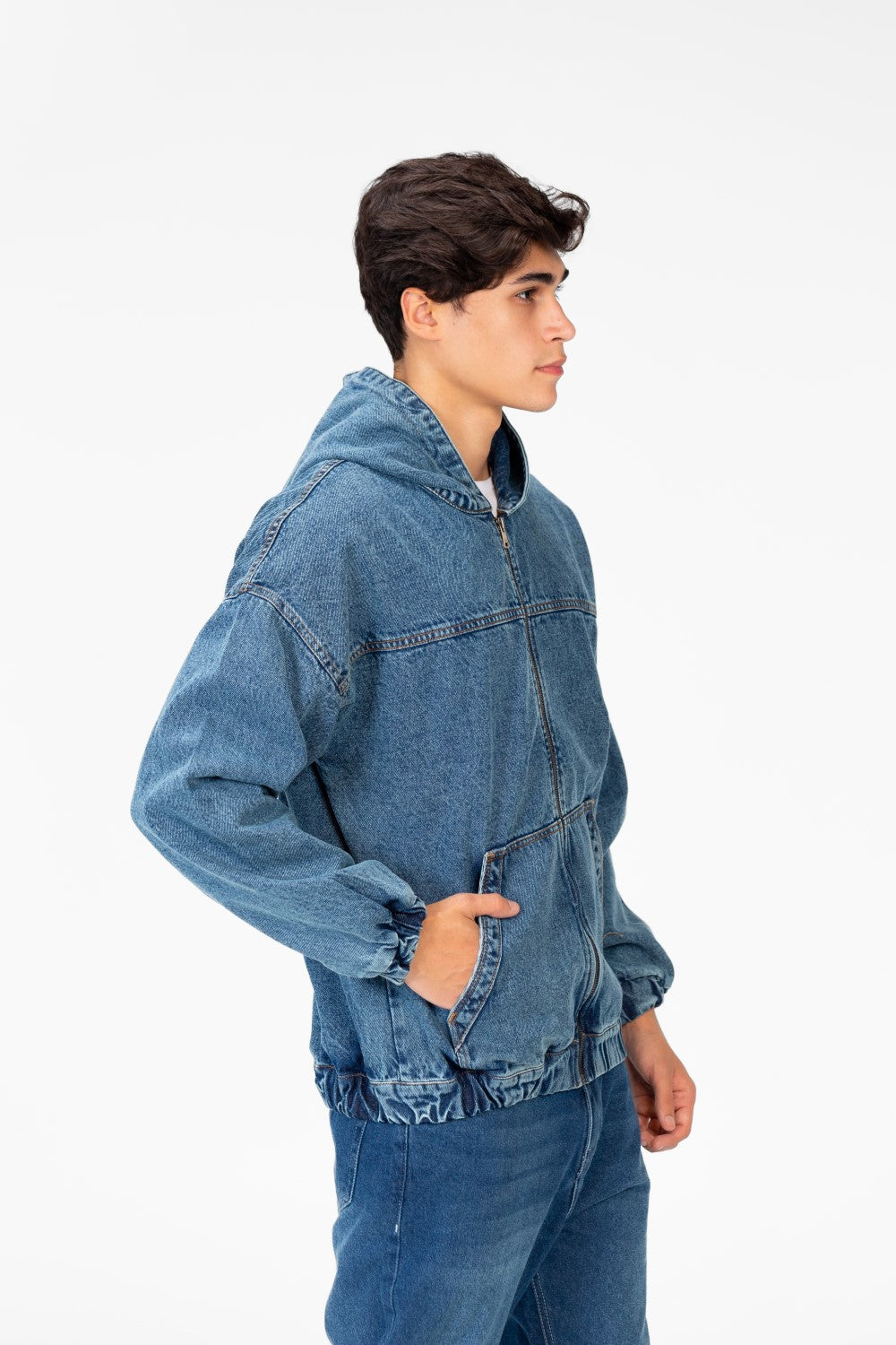 Men's Hood Denim Jacket With Full Front Zipper