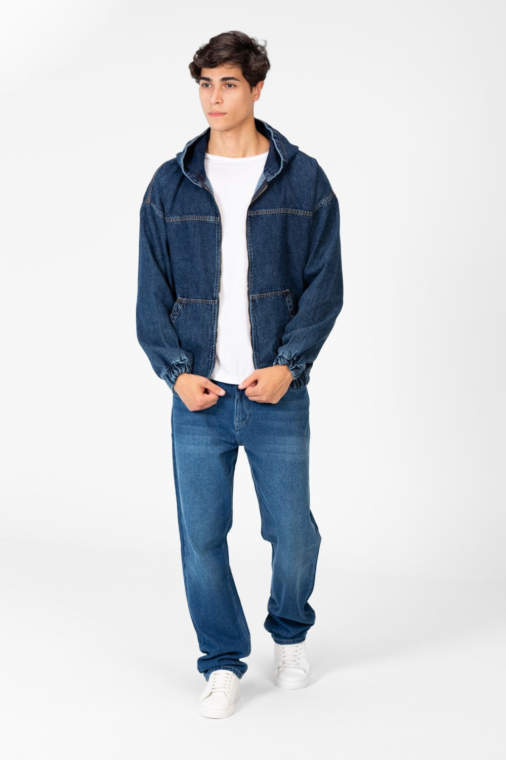 Men's Hood Denim Jacket With Full Front Zipper