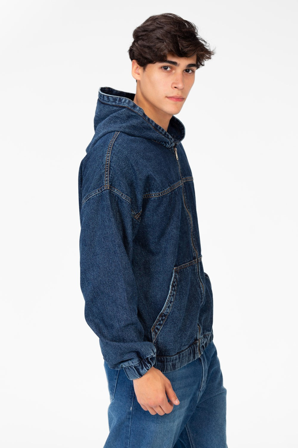 Men's Hood Denim Jacket With Full Front Zipper