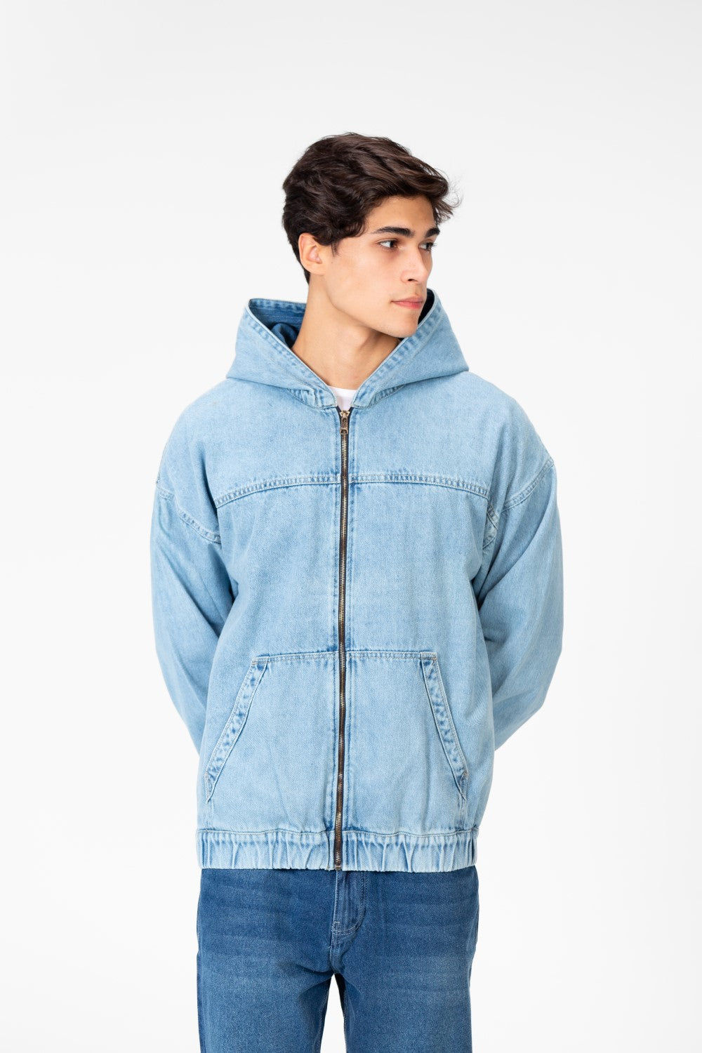 Men's Hood Denim Jacket With Full Front Zipper