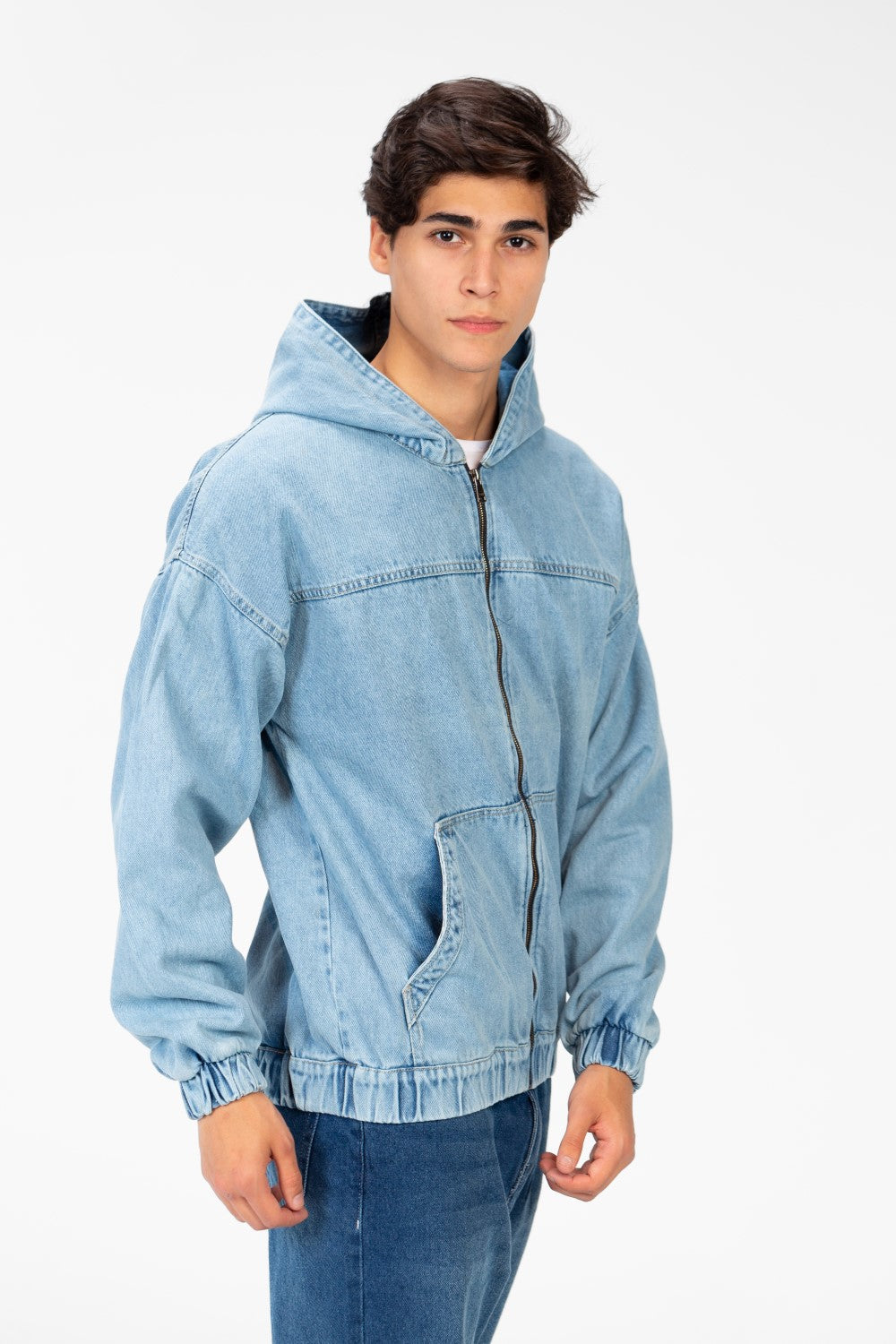 Men's Hood Denim Jacket With Full Front Zipper