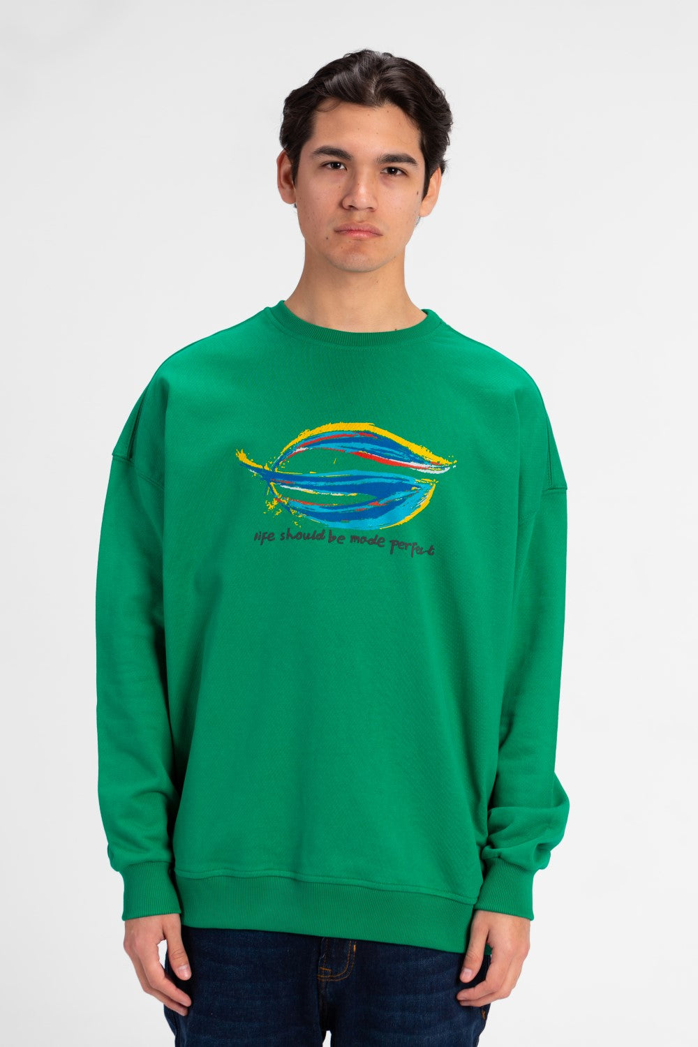 سويت شيرت برقبة دائرية مطبوع بمقاس واسع للرجال