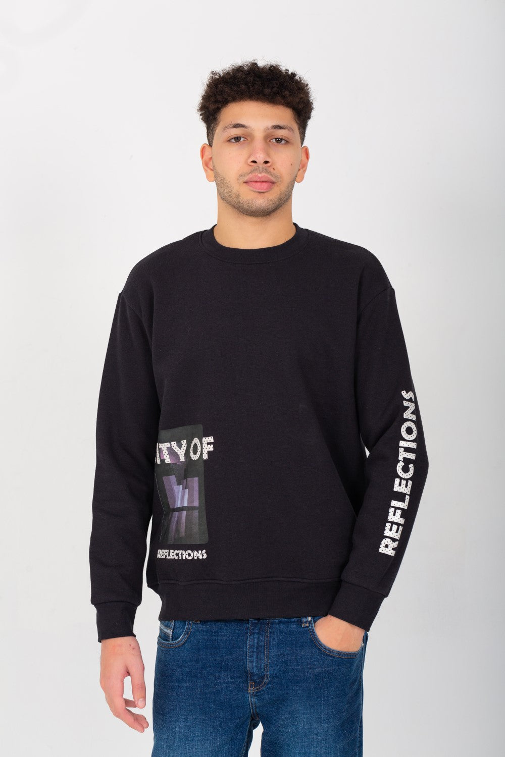 Men's Rounded Neck Padded With Unqiue Modern Front Pattern & Printed Sleeve Sweatshirt