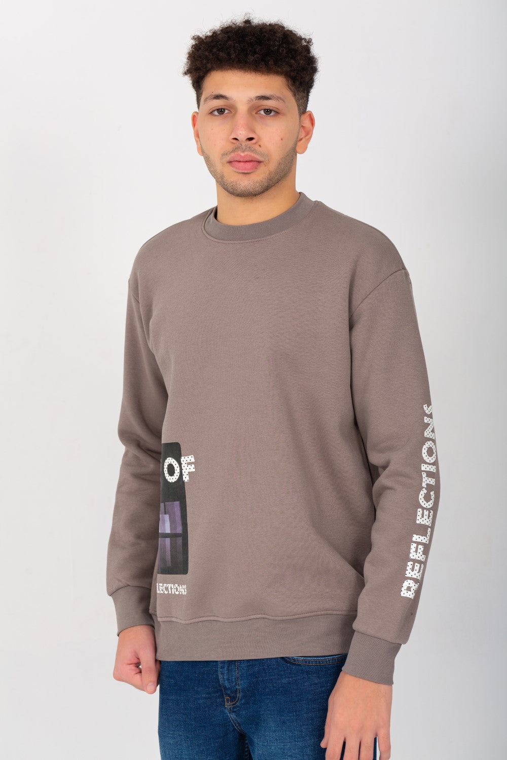 Men's Rounded Neck Padded With Unqiue Modern Front Pattern & Printed Sleeve Sweatshirt