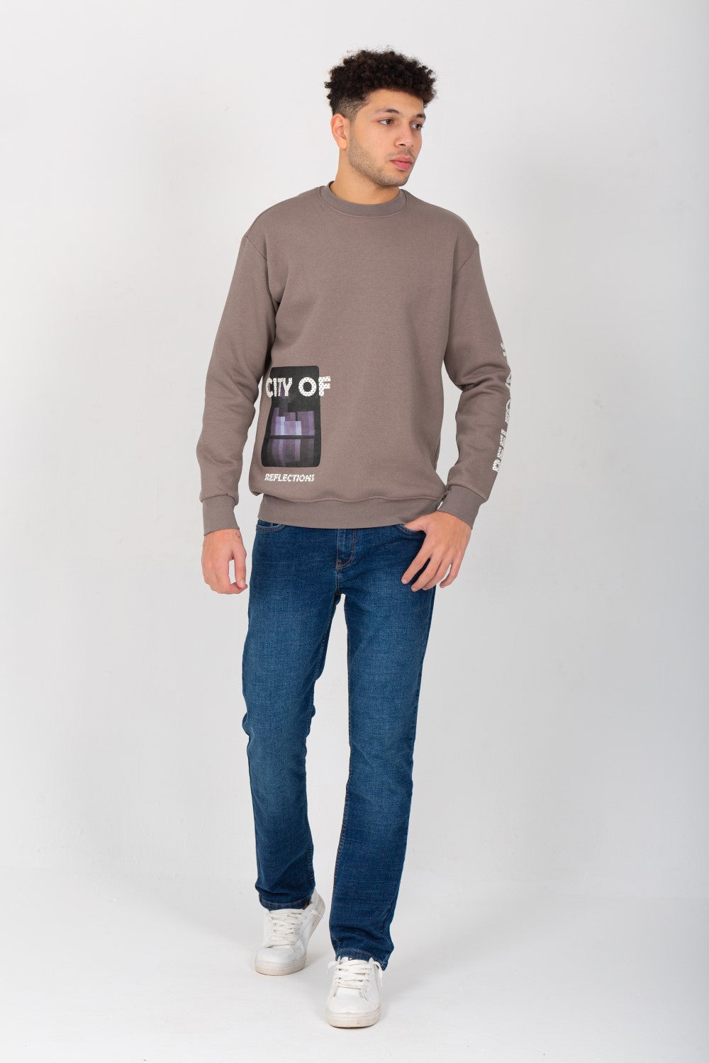 Men's Rounded Neck Padded With Unqiue Modern Front Pattern & Printed Sleeve Sweatshirt