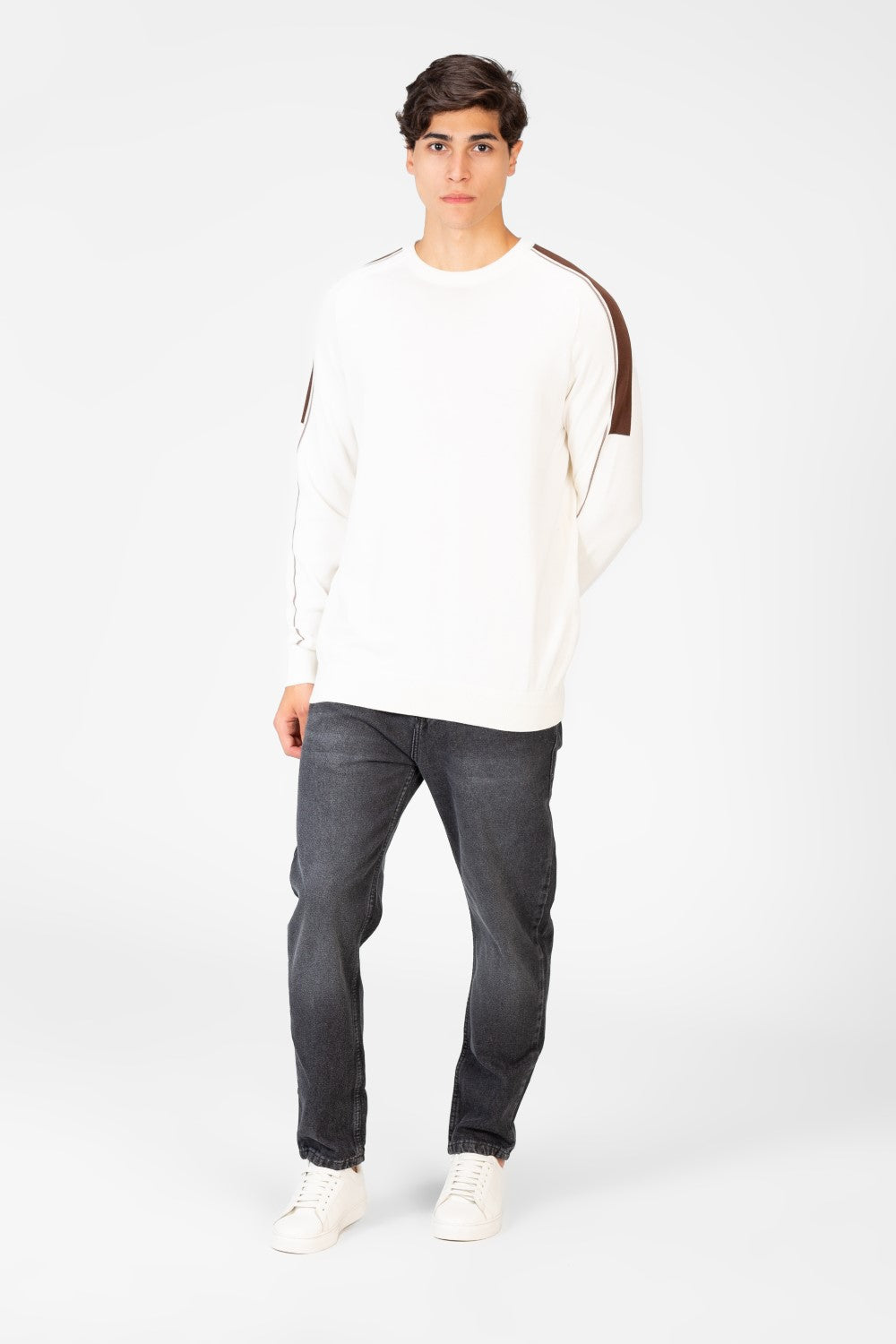 Men's Cotton Round Neck Pullover With Striped Off Shoulder