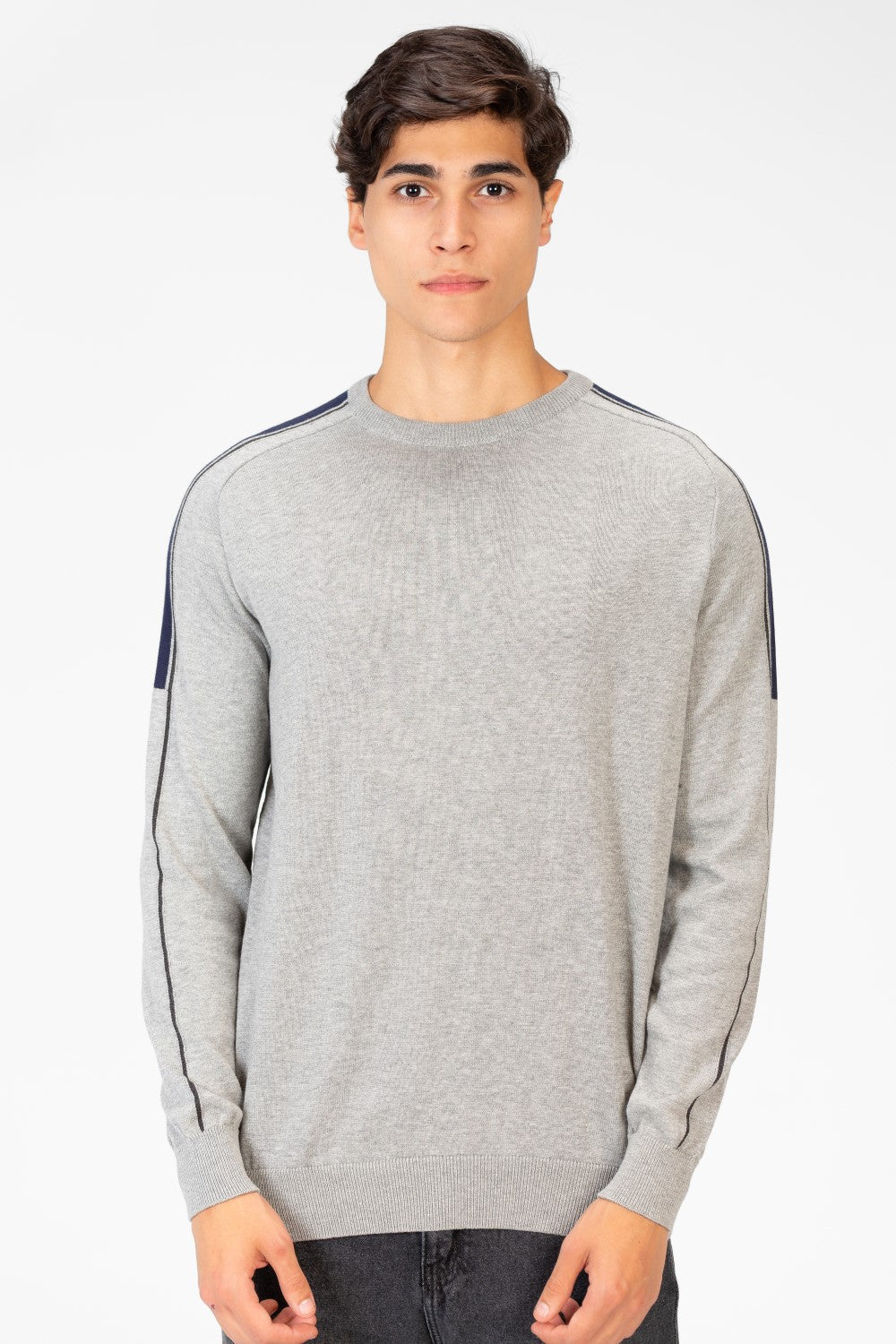Men's Cotton Round Neck Pullover With Striped Off Shoulder