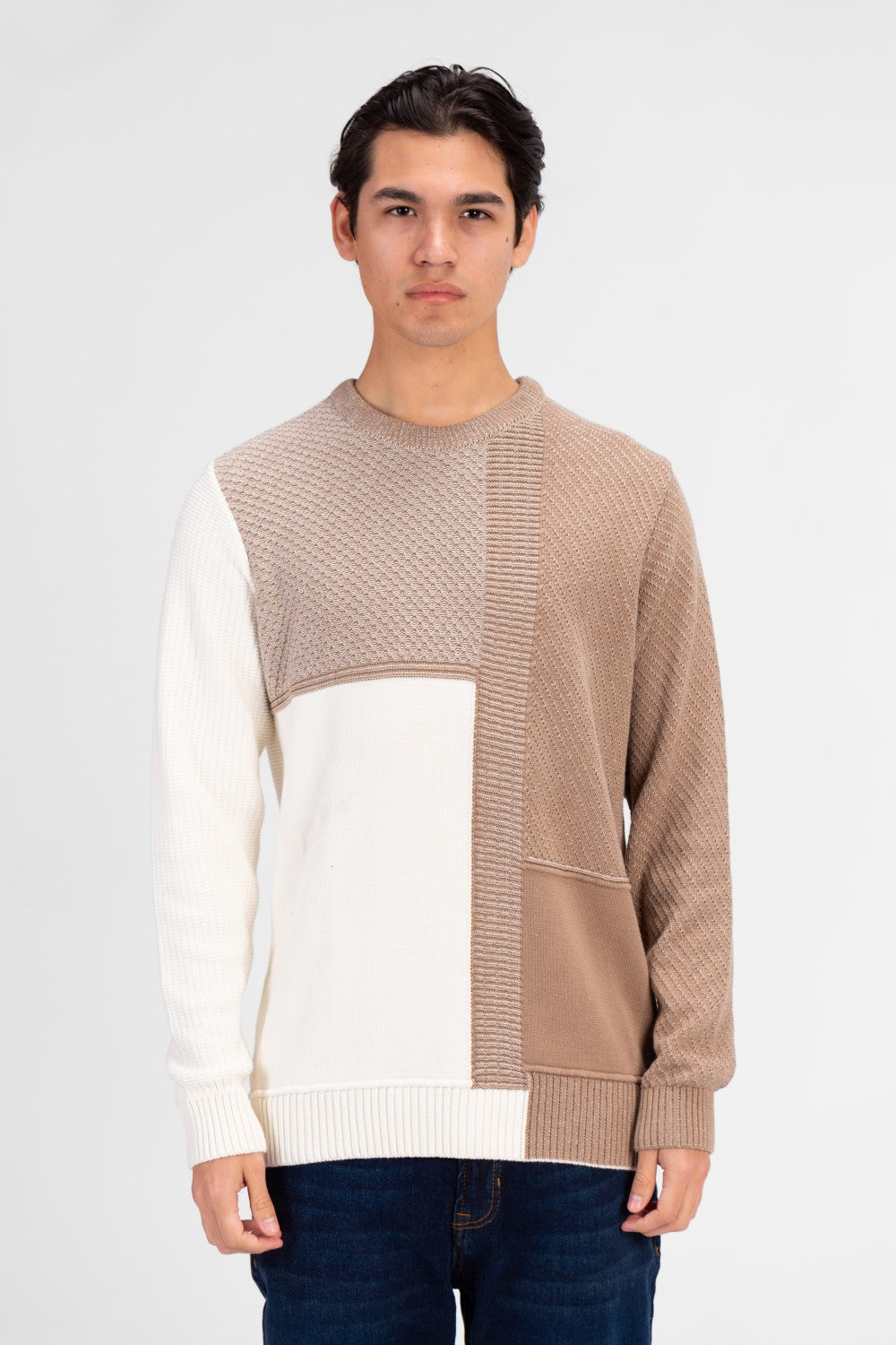 Men's Half & Half Round Neck Cotton Knitted Pullover