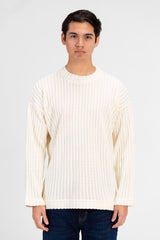 Men's Basic Plain Crew Neck Long Sleeve Pullover Ecru