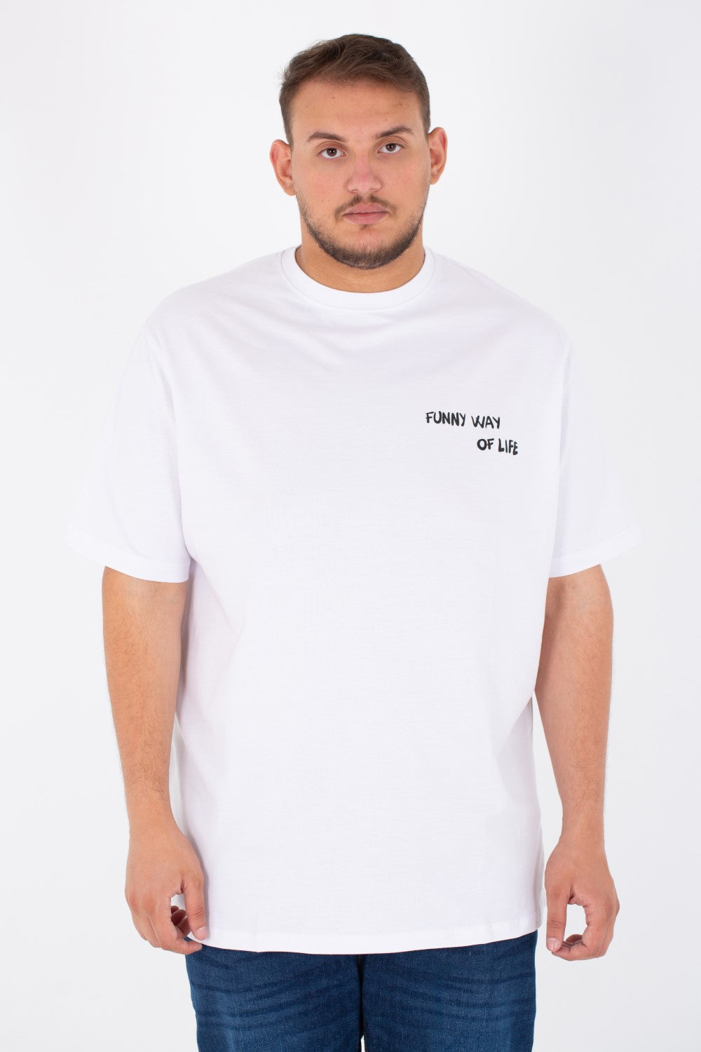 تي شيرت رجالي مقاس كبير برقبة دائرية مطبوع من الأمام والخلف من خامة ميلتون الصيفية